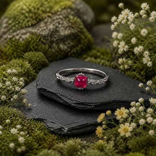 Pink Garnet Solitaire Ring in 925 Sterling Silver - Adjustable Dainty Beaded Goth Jewellery Celtic Dragon Jewellery
