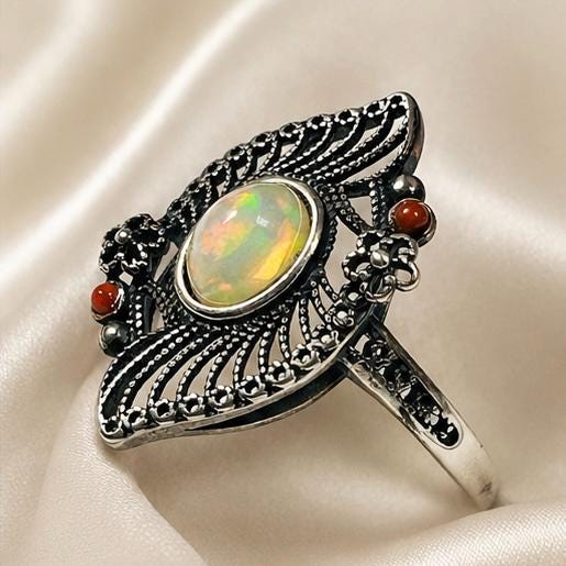Opal Coral Filigree Ring – Sterling Silver Victorian Goth Statement Jewellery Celtic Dragon Jewellery