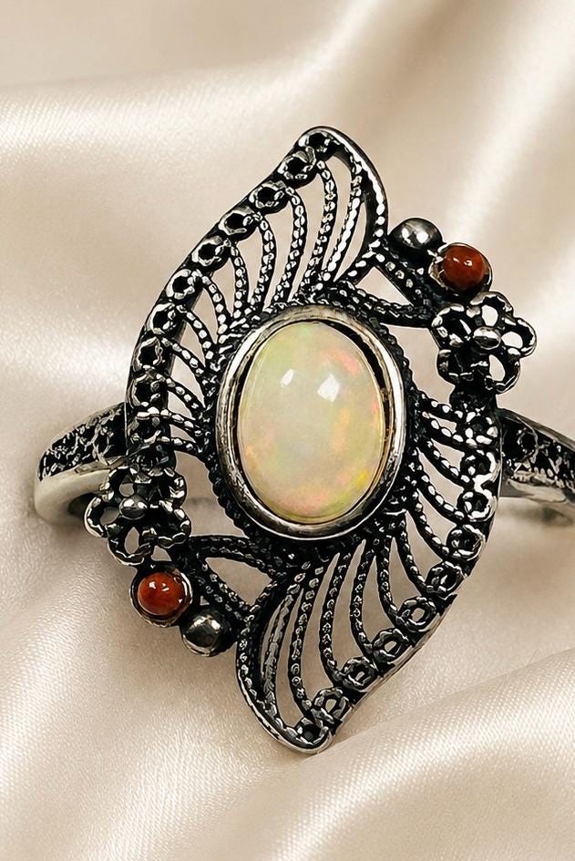 Opal Coral Filigree Ring – Sterling Silver Victorian Goth Statement Jewellery Celtic Dragon Jewellery