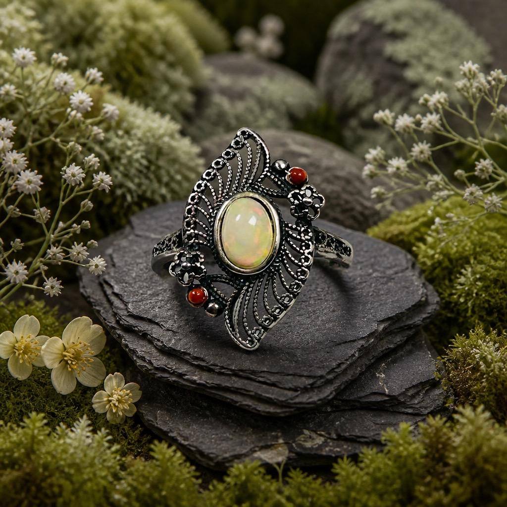 Opal Coral Filigree Ring – Sterling Silver Victorian Goth Statement Jewellery
