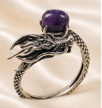 Dragon Ring with Charoite - 925 Sterling Silver - Adjustable Gothic Jewellery Celtic Dragon Jewellery