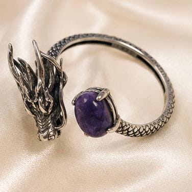 Dragon Ring with Charoite - 925 Sterling Silver - Adjustable Gothic Jewellery Celtic Dragon Jewellery