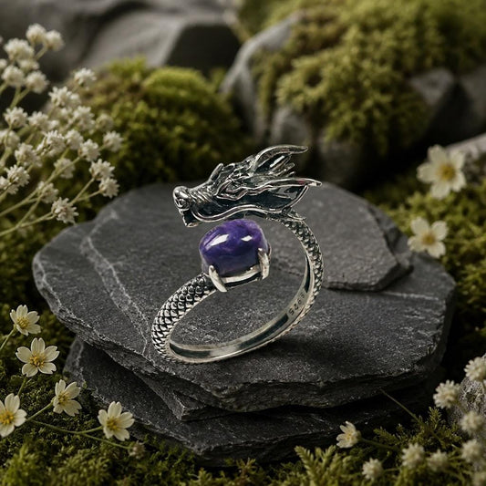 Dragon Ring with Charoite - 925 Sterling Silver - Adjustable Gothic Jewellery Celtic Dragon Jewellery