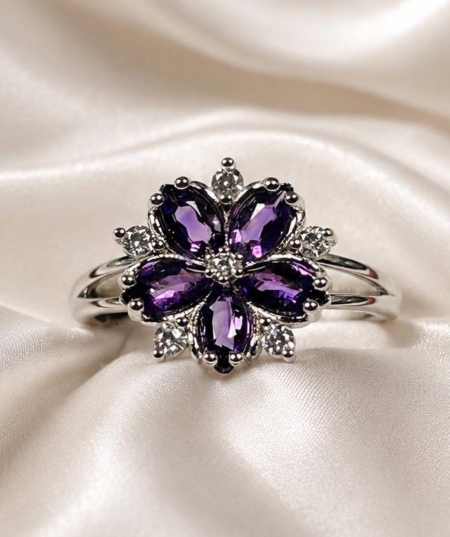 Amethyst Flower Ring in 925 Sterling Silver - Adjustable Purple Blossom Goth Jewellery Celtic Dragon Jewellery