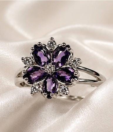 Amethyst Flower Ring in 925 Sterling Silver - Adjustable Purple Blossom Goth Jewellery Celtic Dragon Jewellery