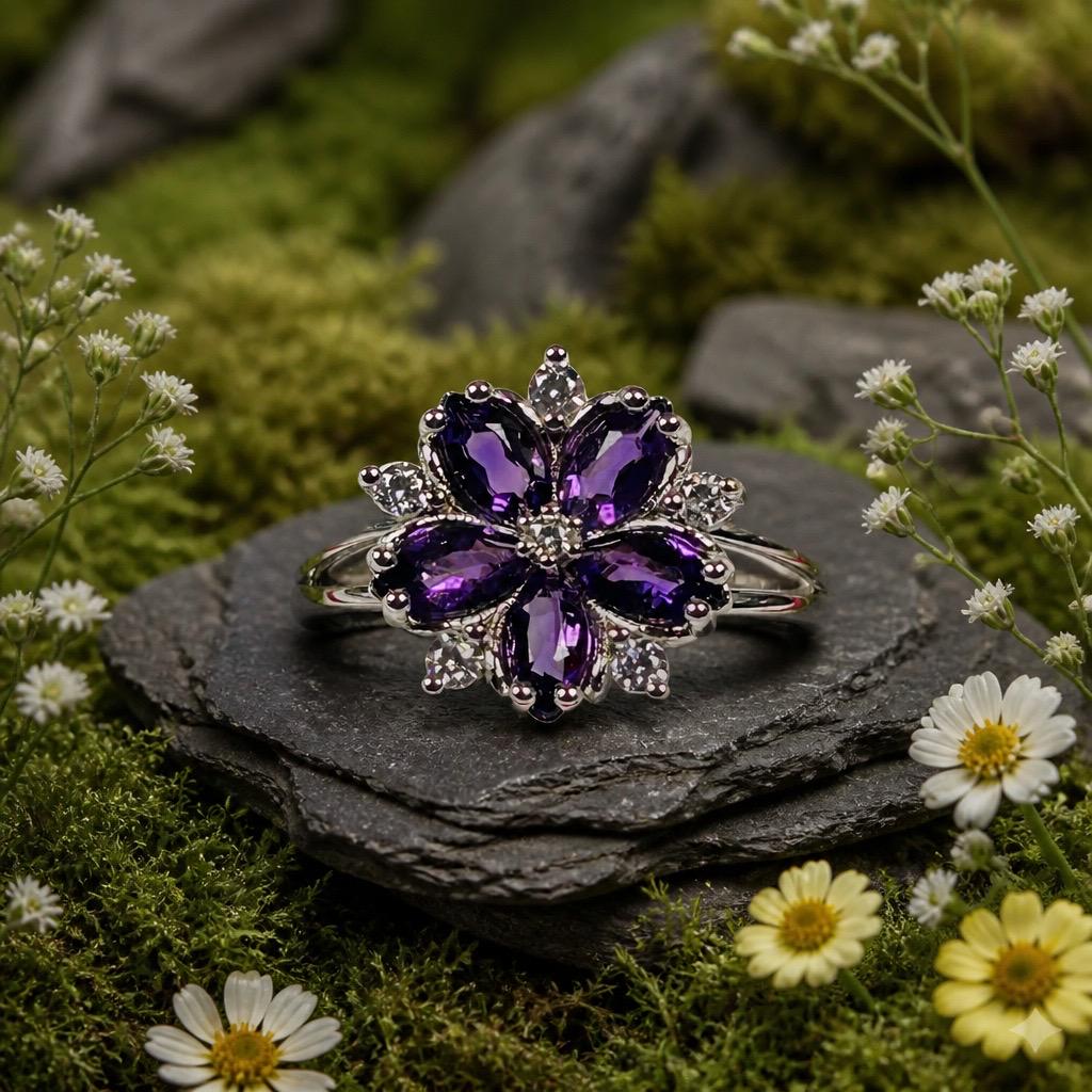 Amethyst Flower Ring in 925 Sterling Silver - Adjustable Purple Blossom Goth Jewellery Celtic Dragon Jewellery