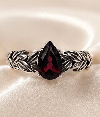 Garnet Teardrop Ring, Leaf Design in 925 Sterling Silver - Adjustable Forest Goth Jewellery Celtic Dragon Jewellery