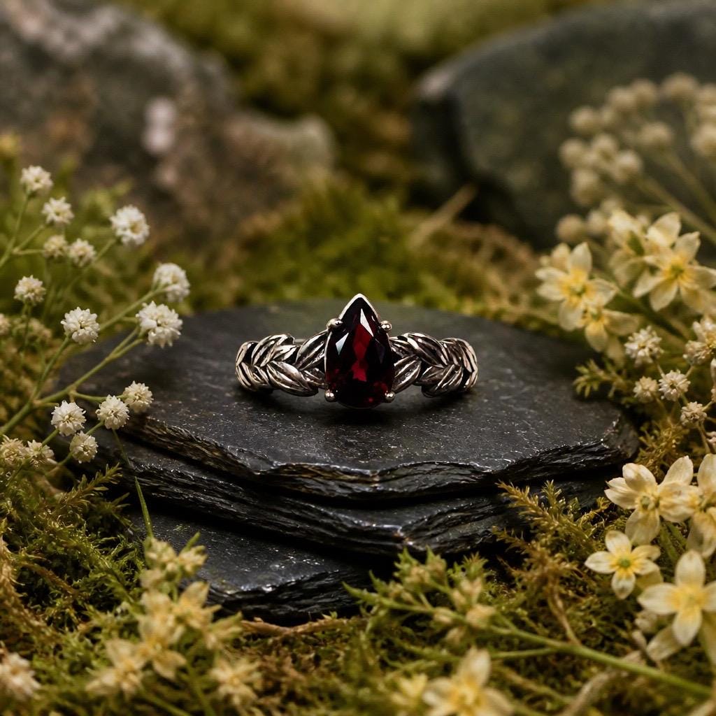 Garnet Teardrop Ring, Leaf Design in 925 Sterling Silver - Adjustable Forest Goth Jewellery Celtic Dragon Jewellery