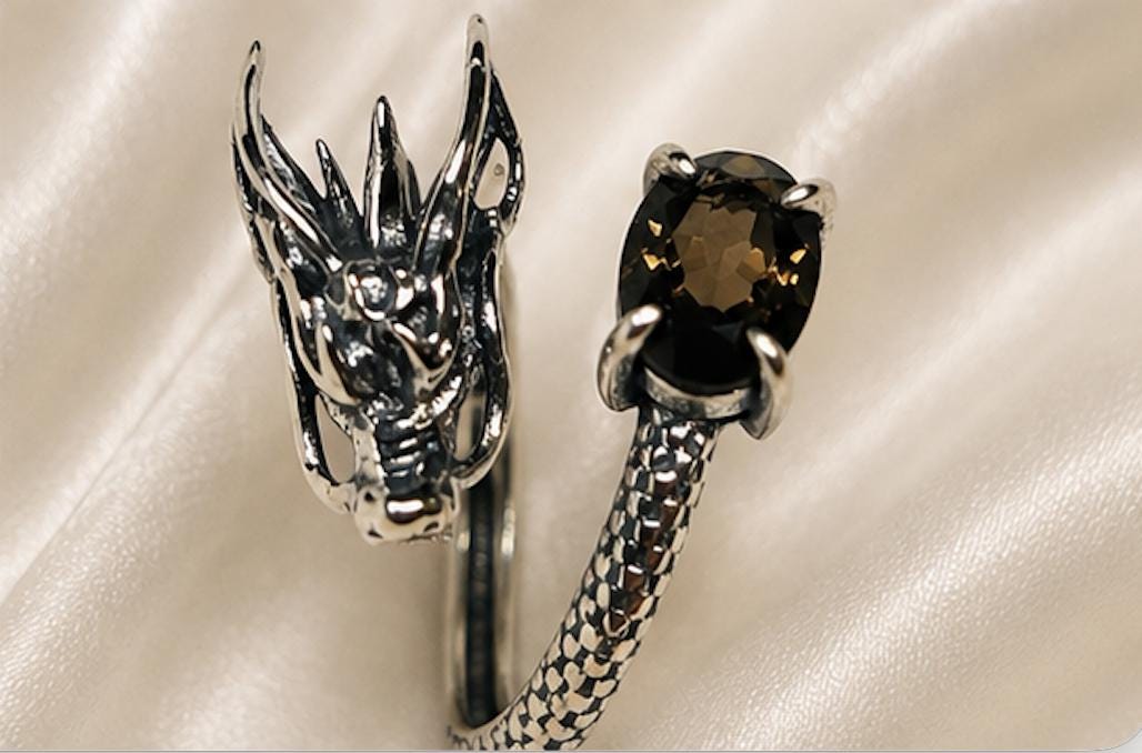 Dragon Ring with Smoky Quartz in 925 Sterling Silver - Adjustable Gothic Jewellery Celtic Dragon Jewellery