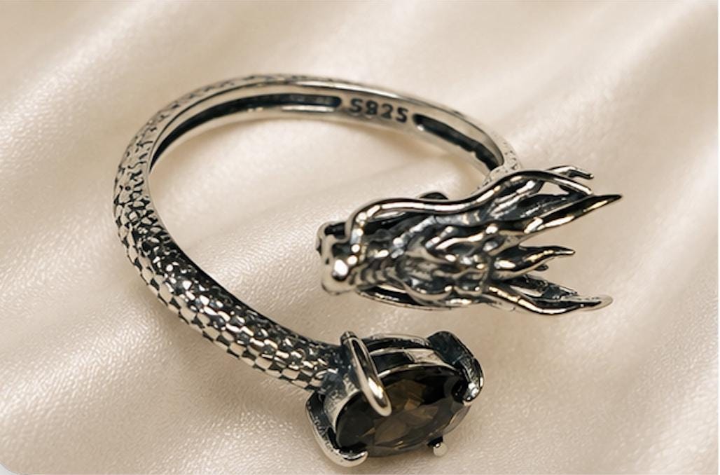 Dragon Ring with Smoky Quartz in 925 Sterling Silver - Adjustable Gothic Jewellery Celtic Dragon Jewellery