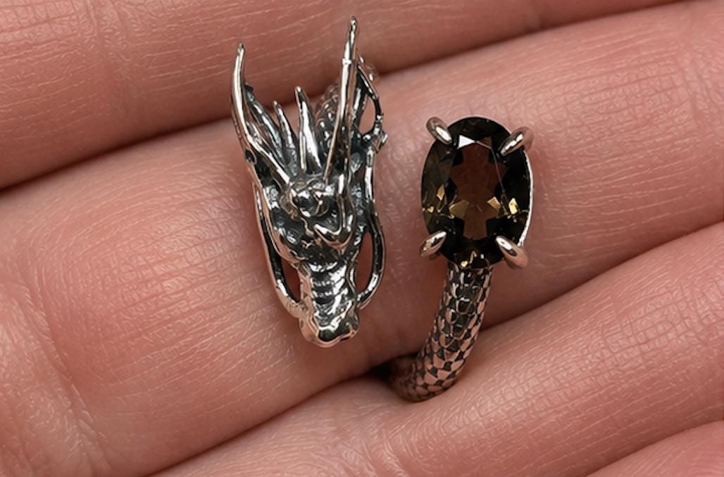 Dragon Ring with Smoky Quartz in 925 Sterling Silver - Adjustable Gothic Jewellery Celtic Dragon Jewellery