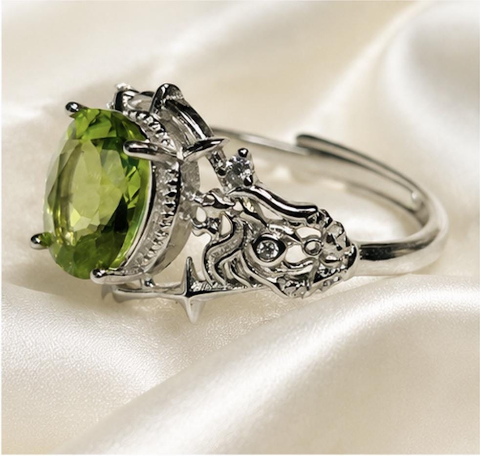 Peridot Ring in 925 Sterling Silver - Adjustable Gothic Jewellery - Ornate Thorn Design Celtic Dragon Jewellery