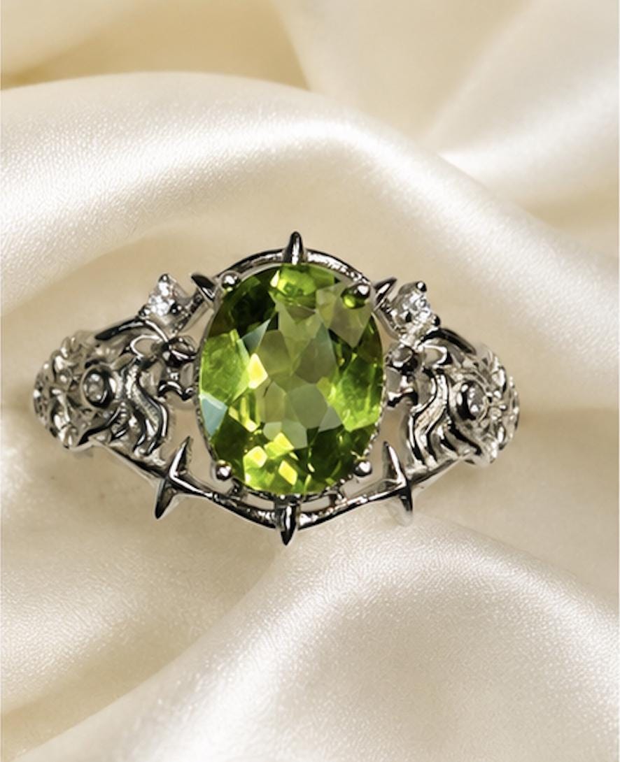 Peridot Ring in 925 Sterling Silver - Adjustable Gothic Jewellery - Ornate Thorn Design Celtic Dragon Jewellery