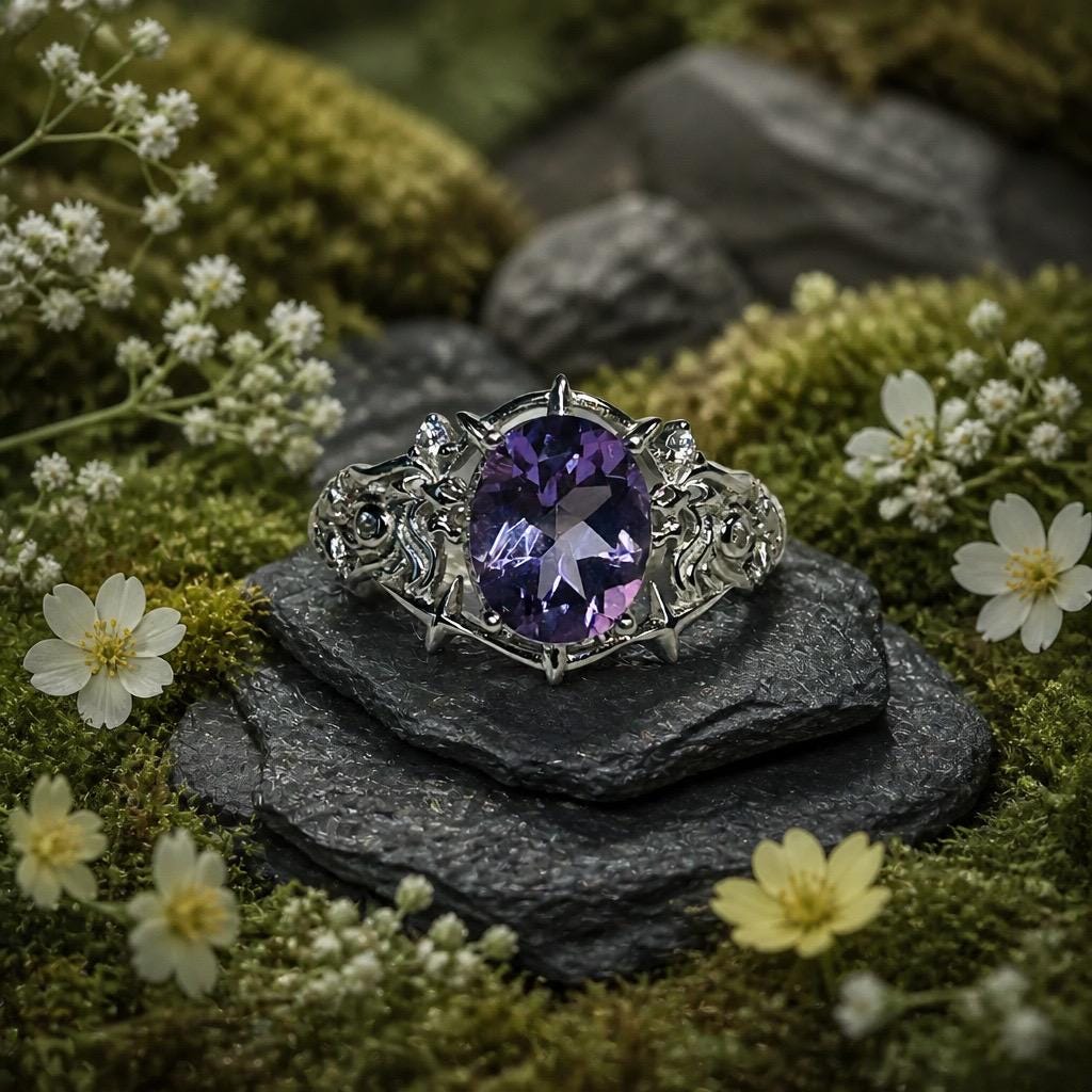 Amethyst Ring in 925 Sterling Silver - Adjustable Gothic Jewellery - Ornate Thorn Design Celtic Dragon Jewellery