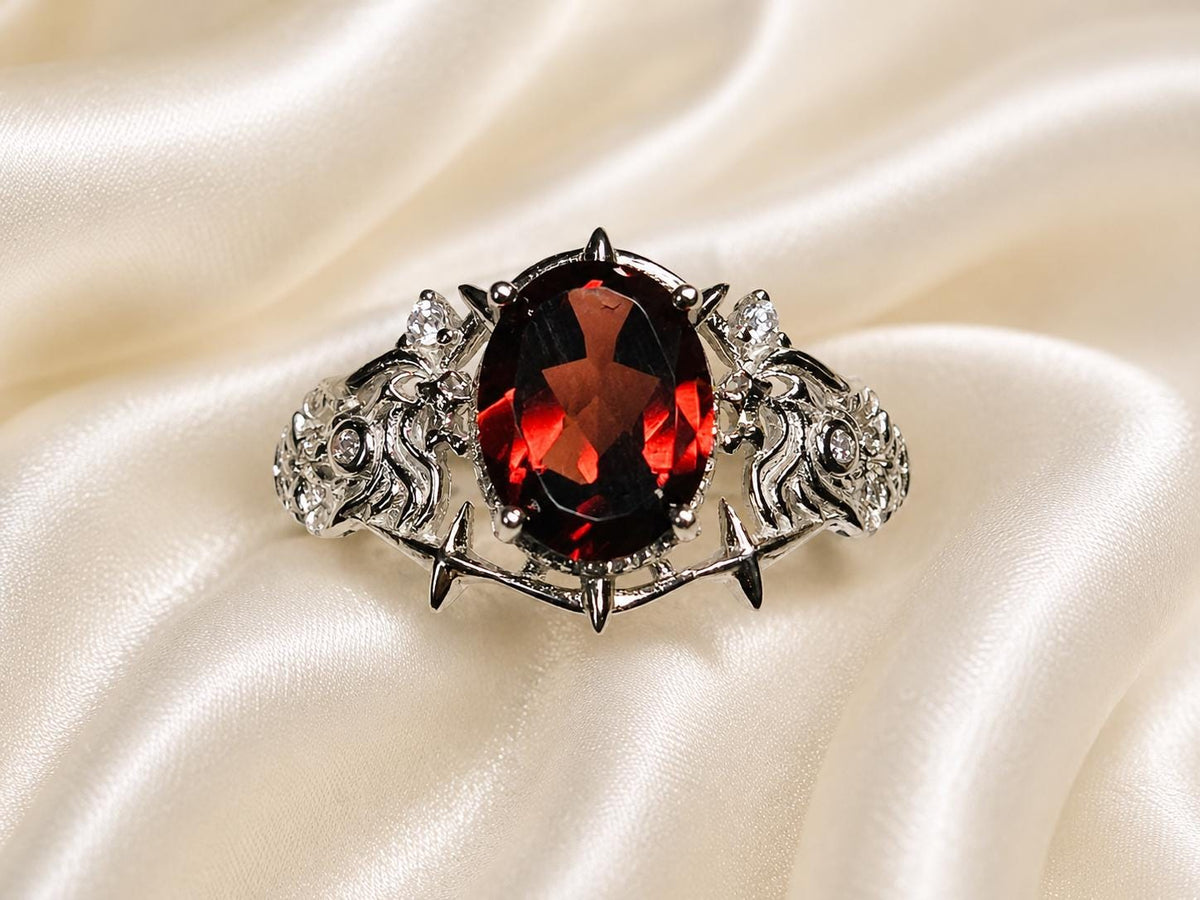 Red Garnet Ring in 925 Sterling Silver - Adjustable Gothic Jewellery - Ornate Thorn Design Celtic Dragon Jewellery