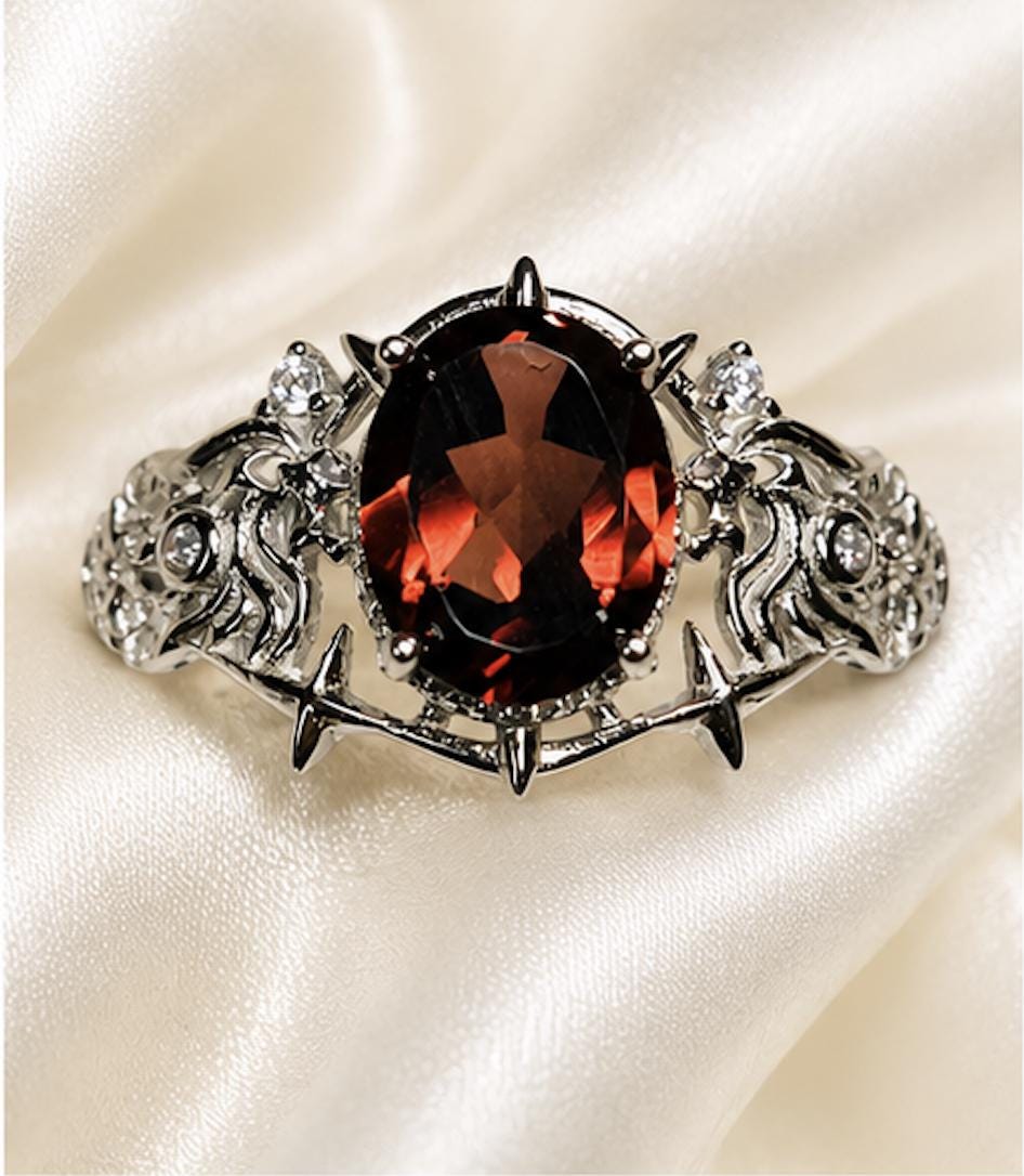 Red Garnet Ring in 925 Sterling Silver - Adjustable Gothic Jewellery - Ornate Thorn Design Celtic Dragon Jewellery