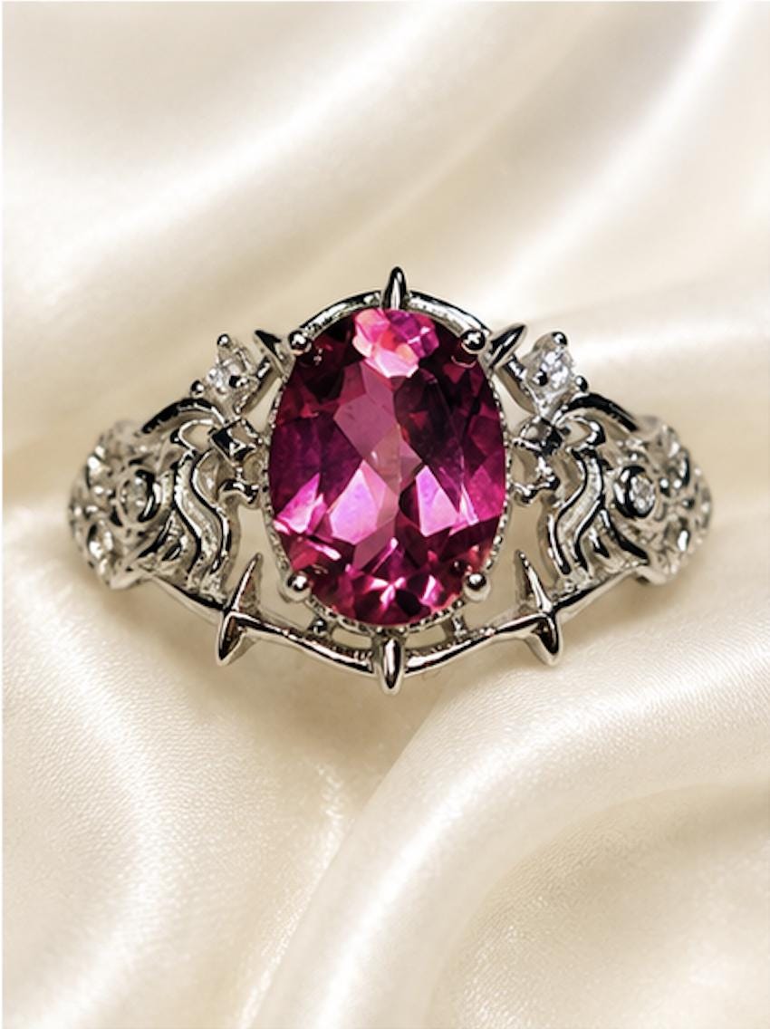 Pink Topaz Ring in 925 Sterling Silver - Adjustable Gothic Jewellery - Ornate Thorn Design Celtic Dragon Jewellery