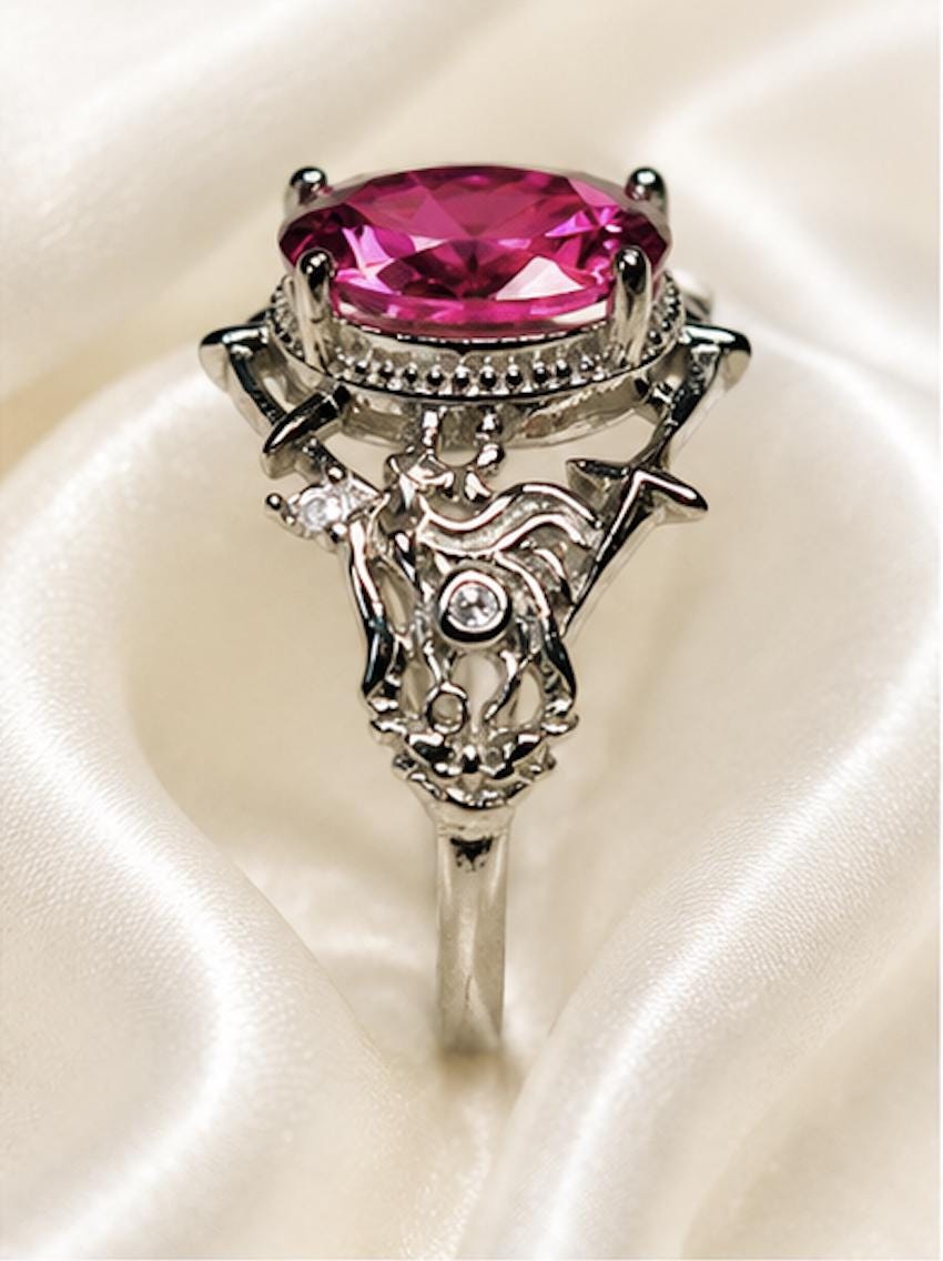 Pink Topaz Ring in 925 Sterling Silver - Adjustable Gothic Jewellery - Ornate Thorn Design Celtic Dragon Jewellery