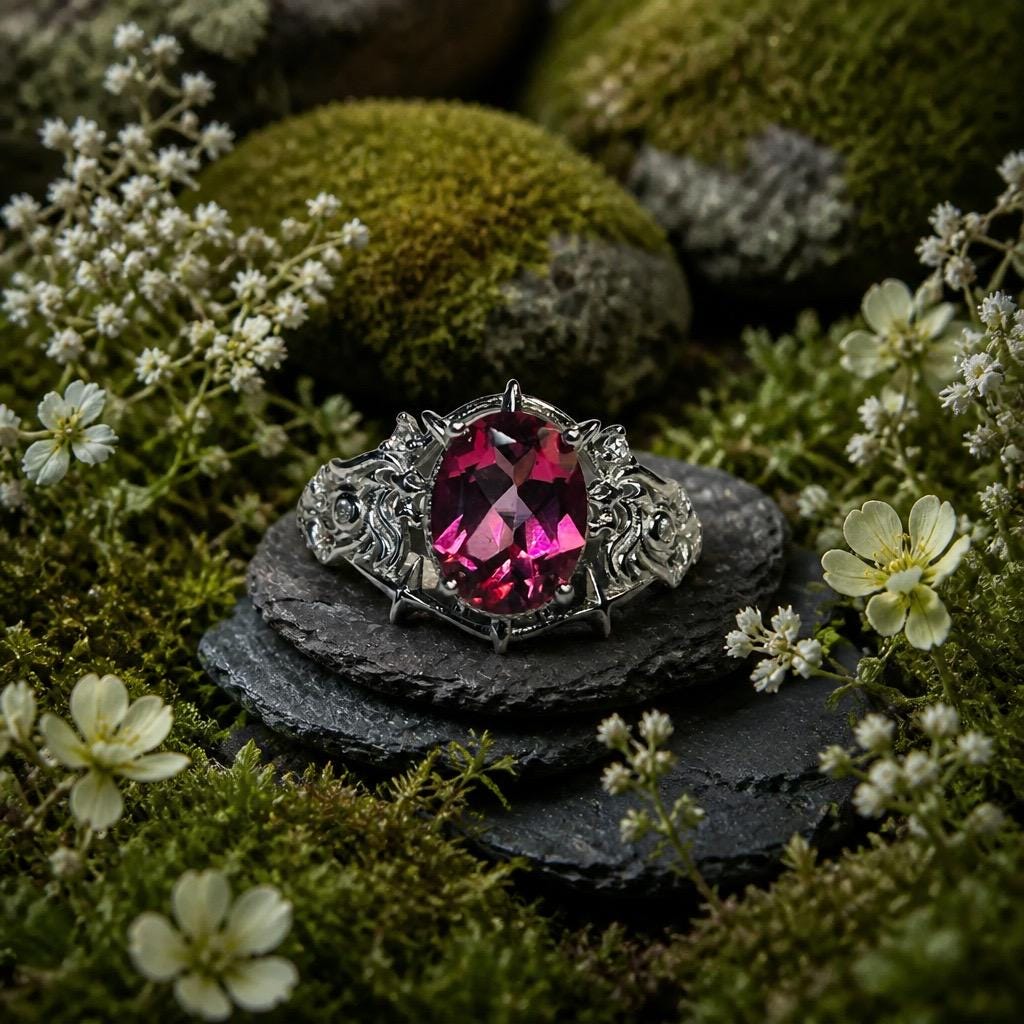 Pink Topaz Ring in 925 Sterling Silver - Adjustable Gothic Jewellery - Ornate Thorn Design Celtic Dragon Jewellery