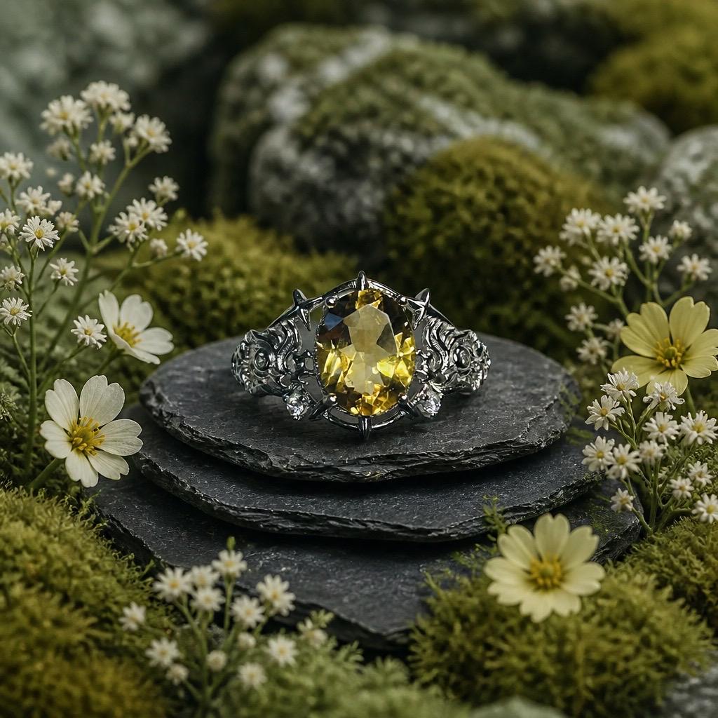 Citrine Ring in 925 Sterling Silver - Adjustable Gothic Jewellery - Ornate Thorn Design Celtic Dragon Jewellery