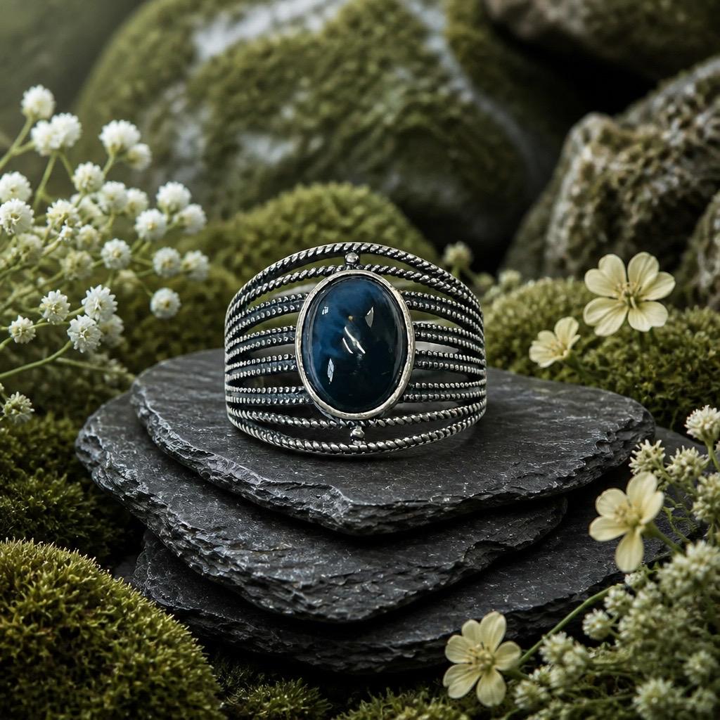 Blue Tigers Eye Ring in 925 Sterling Silver - Adjustable Boho Statement Ring Celtic Dragon Jewellery