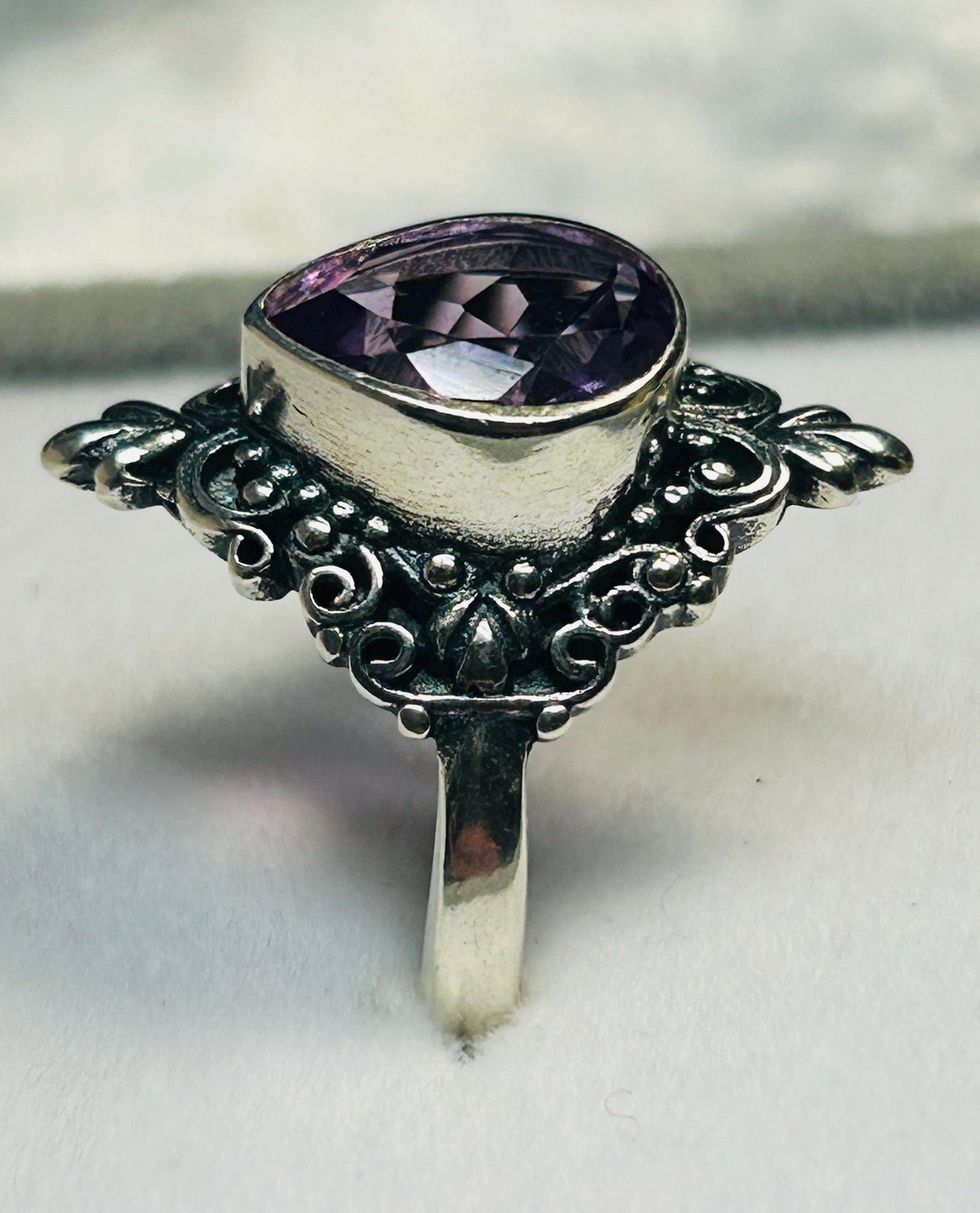 Amethyst Teardrop Ring in Ornate 925 Sterling Silver - Gothic Statement Ring Celtic Dragon Jewellery