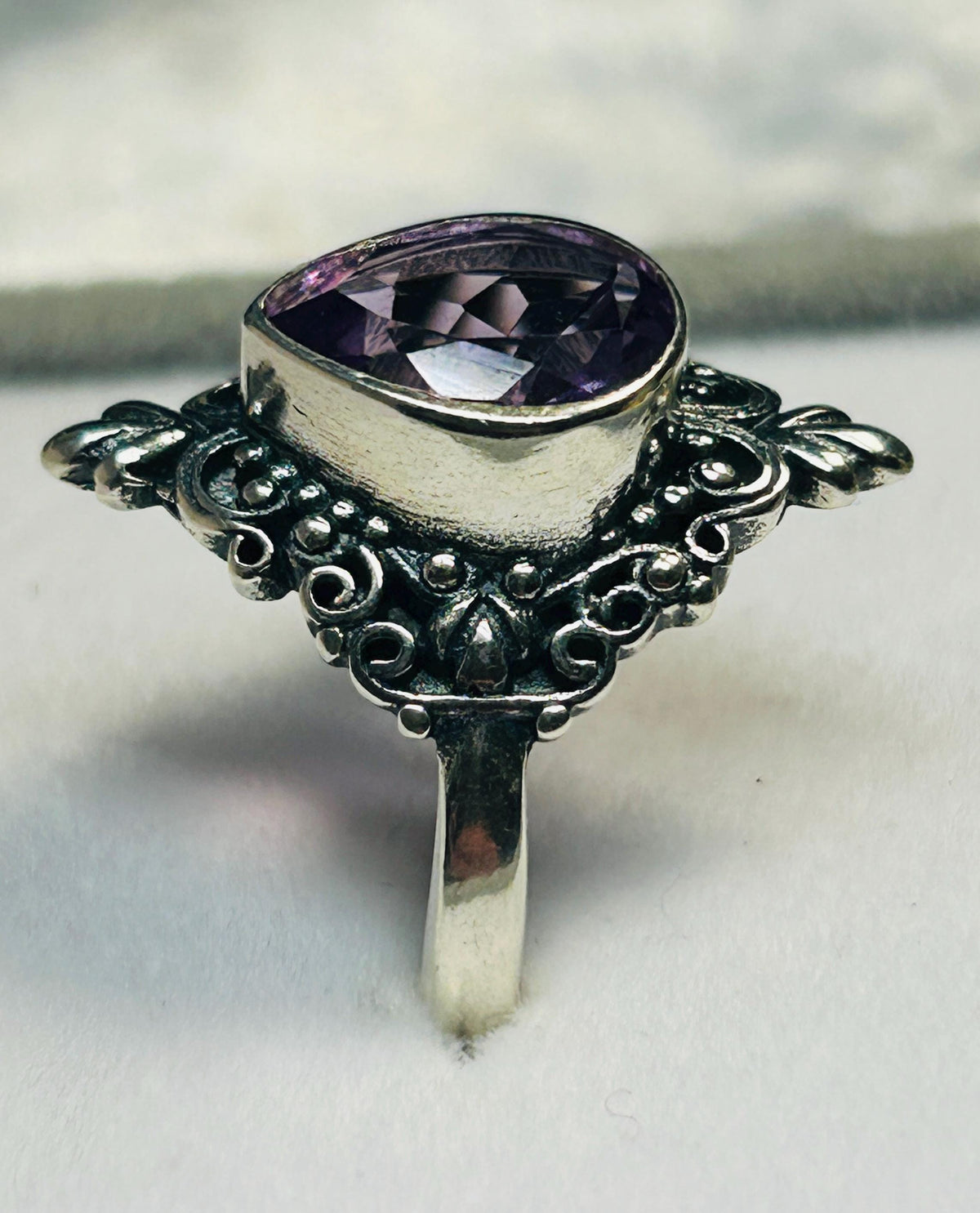 Amethyst Teardrop Ring in Ornate 925 Sterling Silver - Gothic Statement Ring Celtic Dragon Jewellery