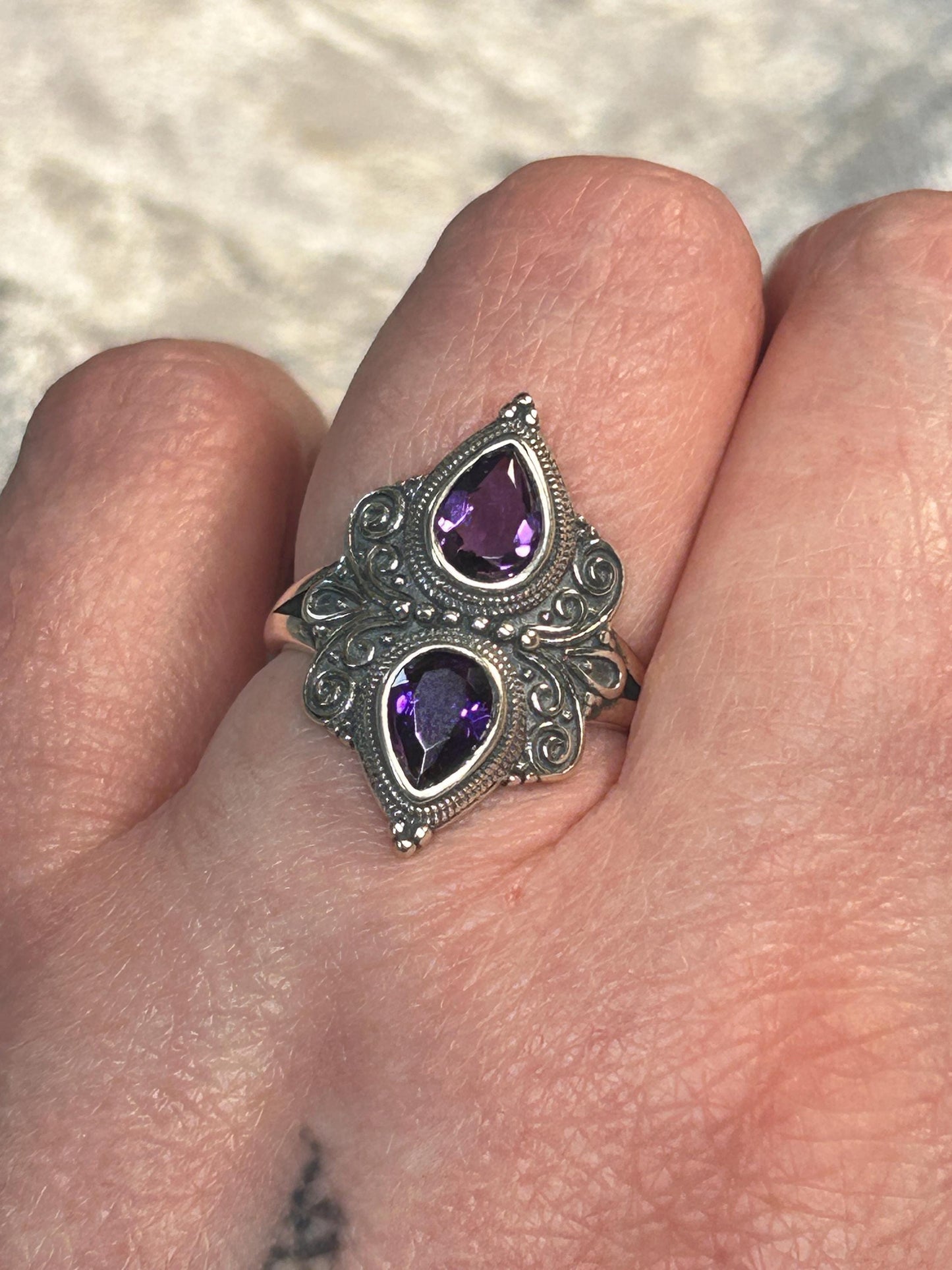 Double Amethyst Teardrop Ring in Ornate 925 Sterling Silver - Gothic Statement Ring Celtic Dragon Jewellery