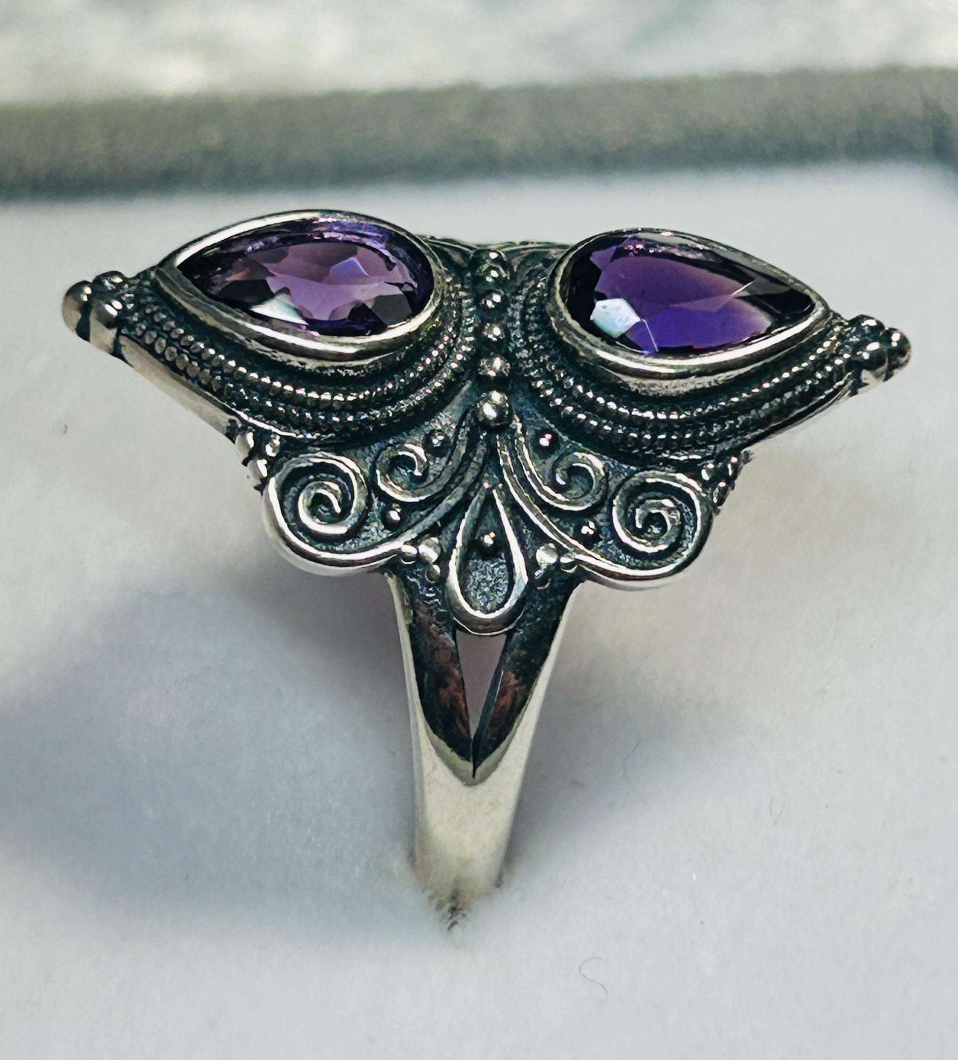 Double Amethyst Teardrop Ring in Ornate 925 Sterling Silver - Gothic Statement Ring Celtic Dragon Jewellery
