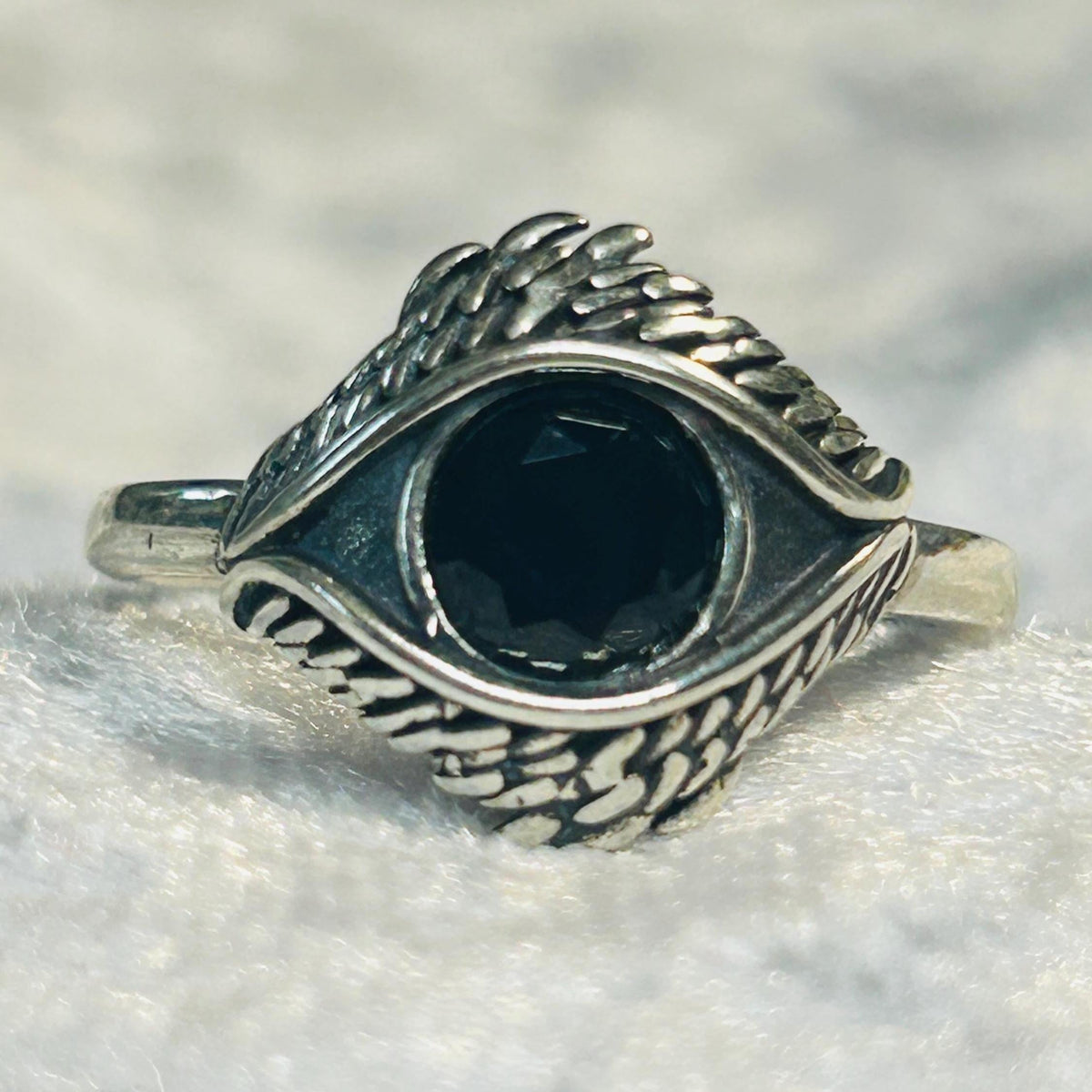 Sterling Silver Eye Ring with Black Spinel, Adjustable Bypass Band Celtic Dragon Jewellery