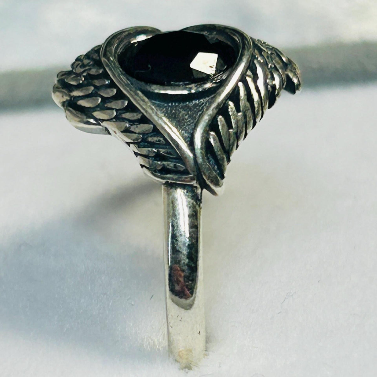 Sterling Silver Eye Ring with Black Spinel, Adjustable Bypass Band Celtic Dragon Jewellery