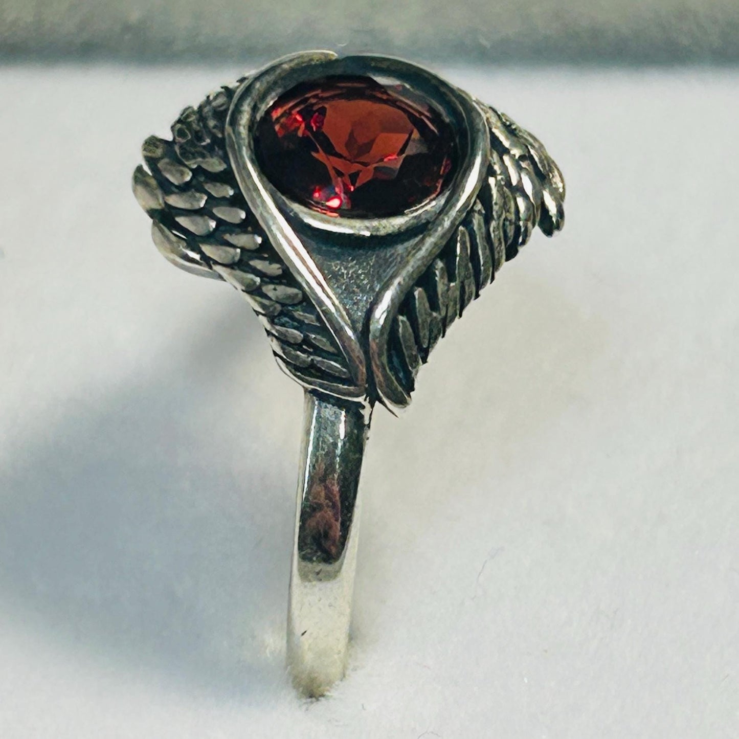 Sterling Silver Eye Ring with Red Garnet, Adjustable Bypass Band Celtic Dragon Jewellery