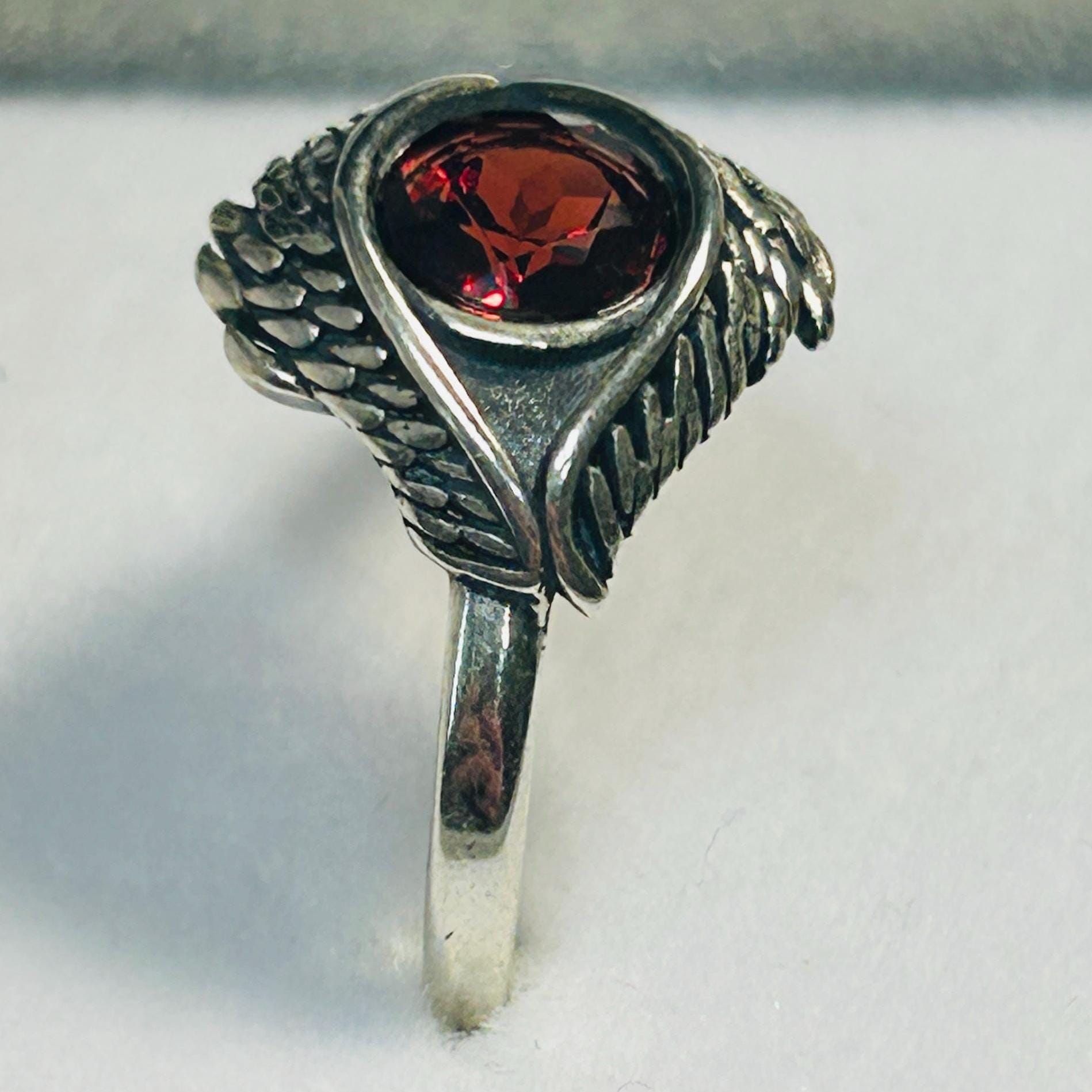 Sterling Silver Eye Ring with Red Garnet, Adjustable Bypass Band Celtic Dragon Jewellery