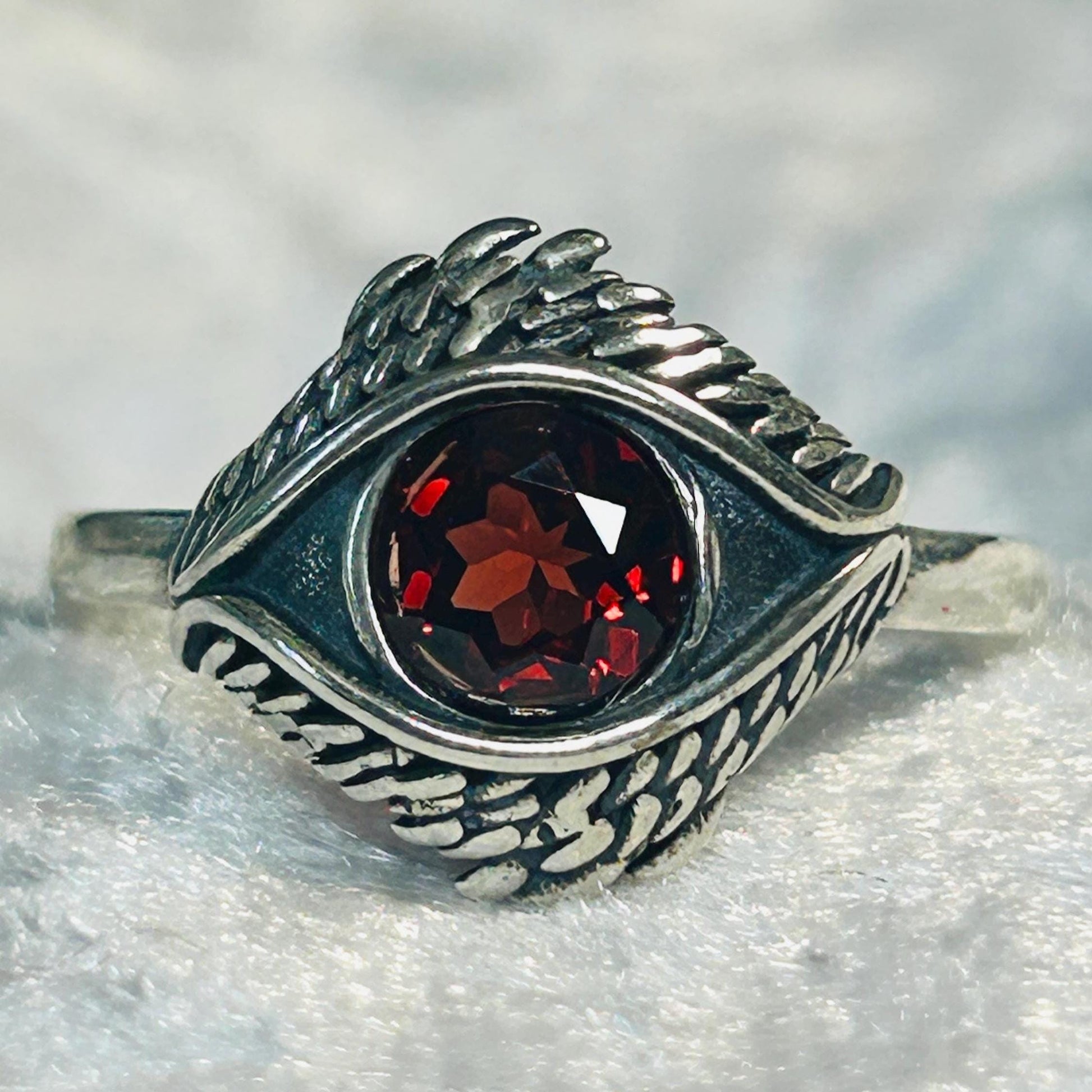 Sterling Silver Eye Ring with Red Garnet, Adjustable Bypass Band Celtic Dragon Jewellery