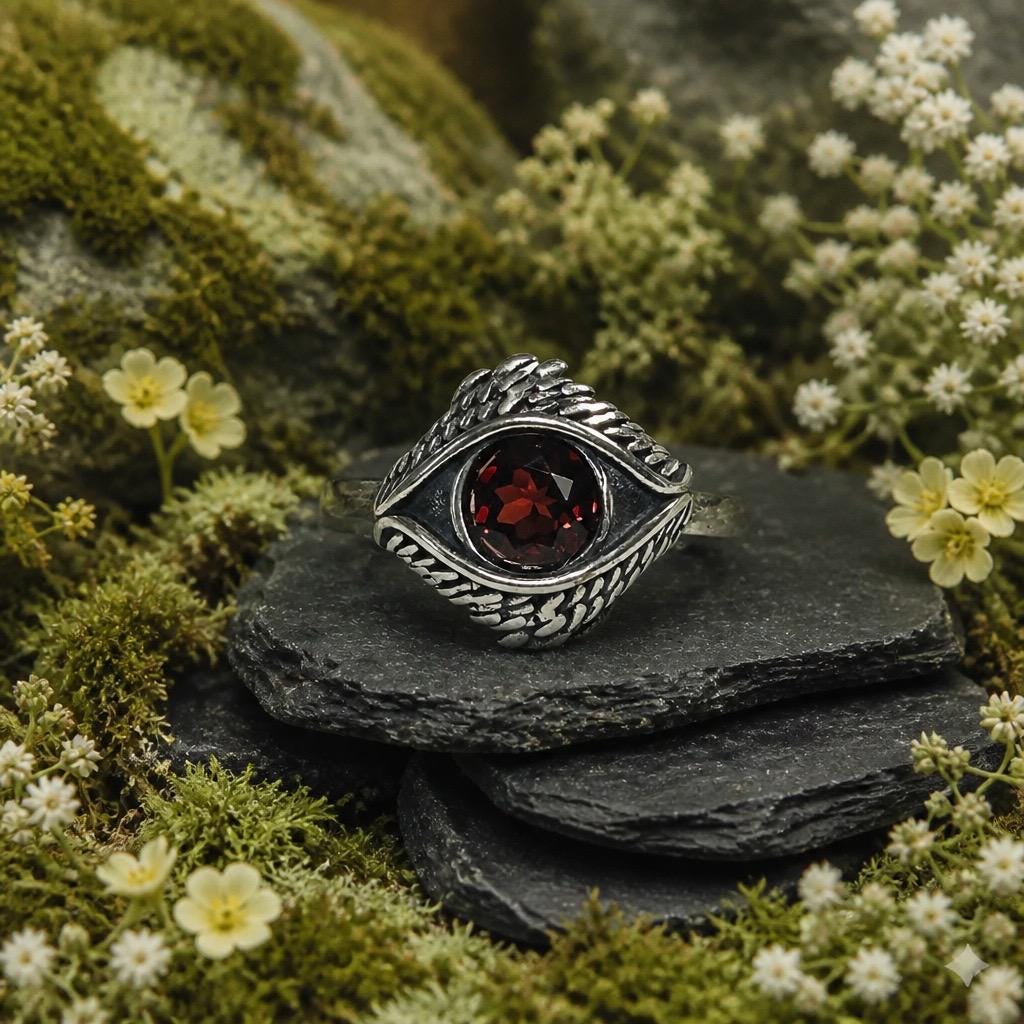 Sterling Silver Eye Ring with Red Garnet, Adjustable Bypass Band Celtic Dragon Jewellery