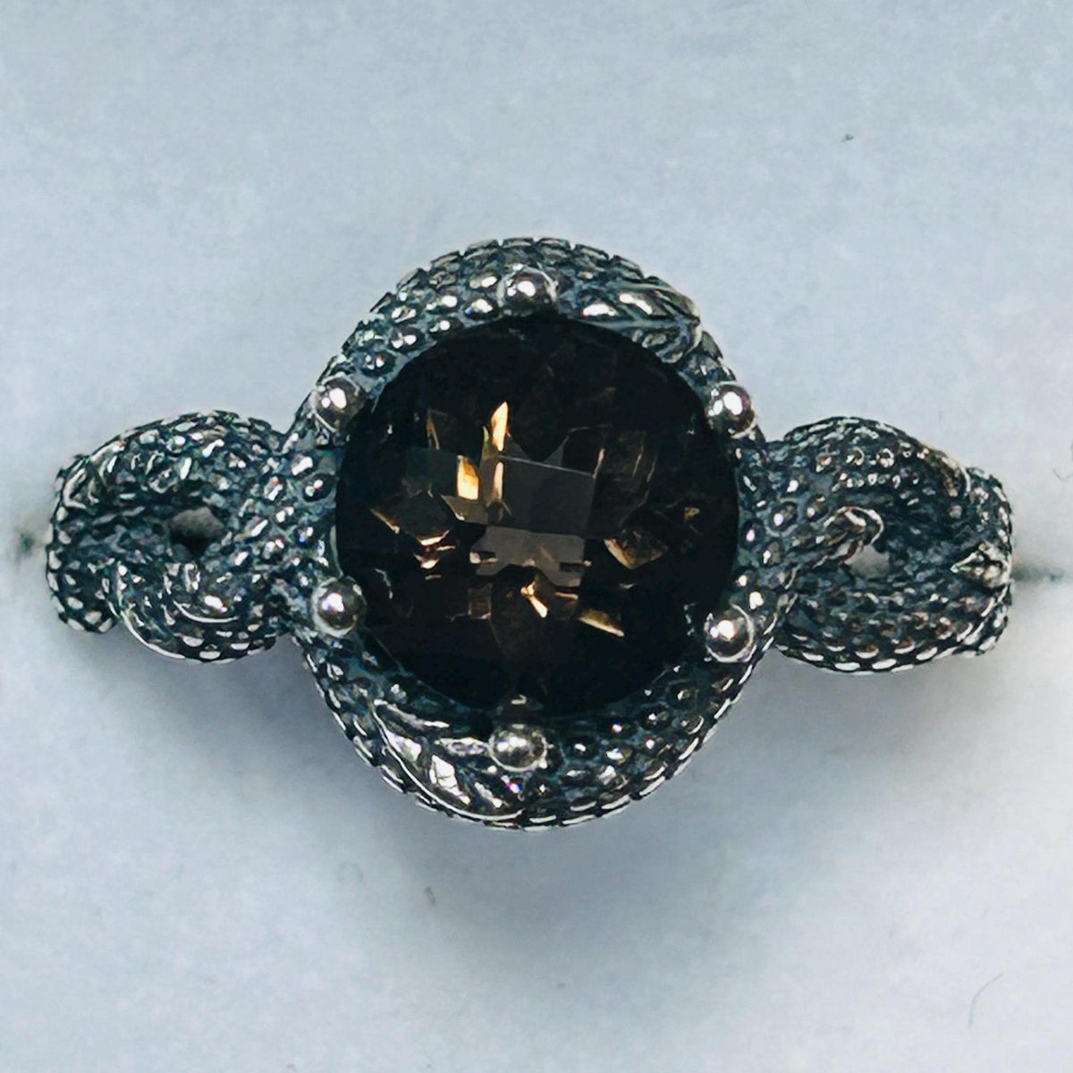 Snake Ring with Checkerboard Faceted Smoky Quartz in 925 Sterling Silver - Gothic Serpent Jewellery Celtic Dragon Jewellery