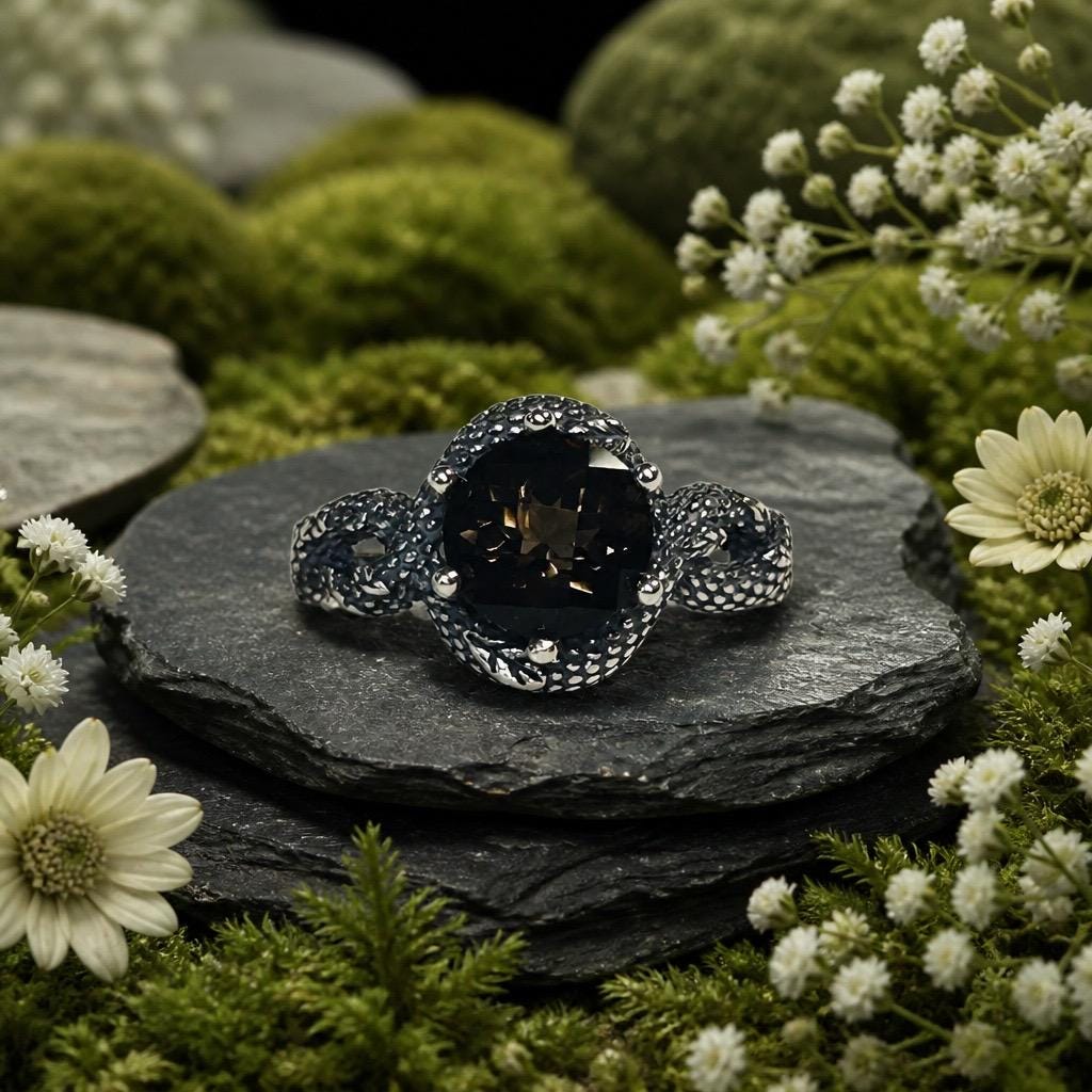 Snake Ring with Checkerboard Faceted Smoky Quartz in 925 Sterling Silver - Gothic Serpent Jewellery Celtic Dragon Jewellery