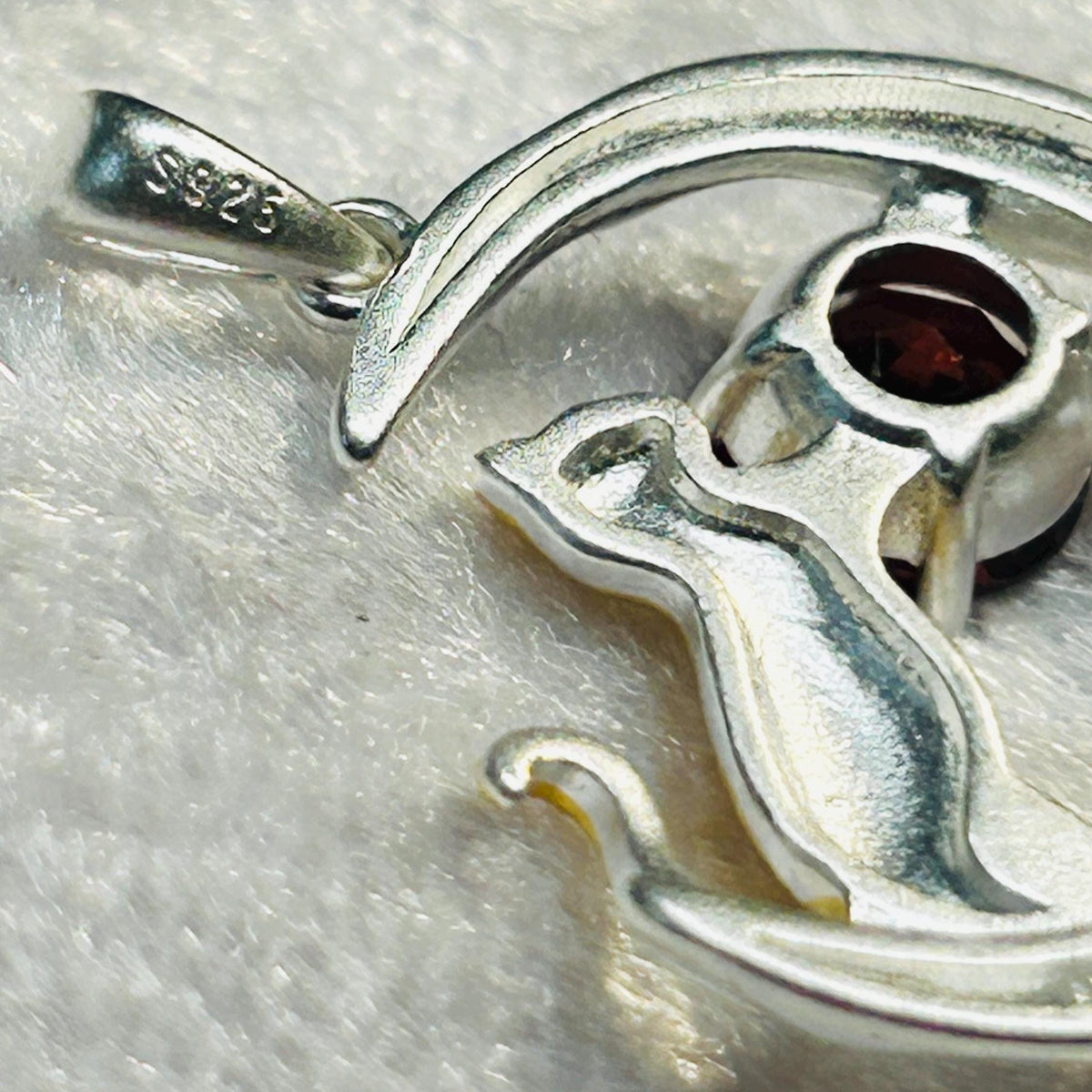 Cat on Moon Crescent Pendant with Garnet, Set in 925 Sterling Silver - Whimsical Jewellery Celtic Dragon Jewellery