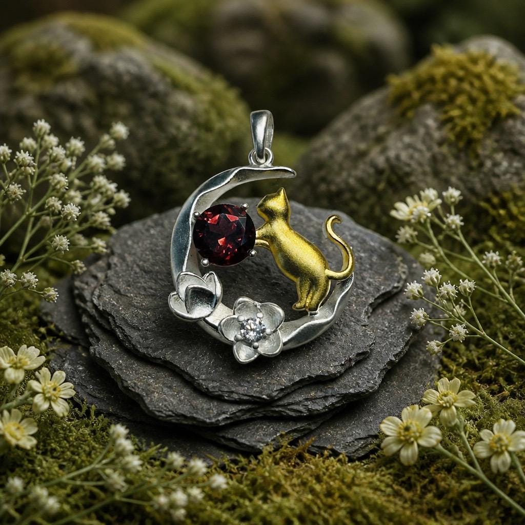 Cat on Moon Crescent Pendant with Garnet, Set in 925 Sterling Silver - Whimsical Jewellery Celtic Dragon Jewellery