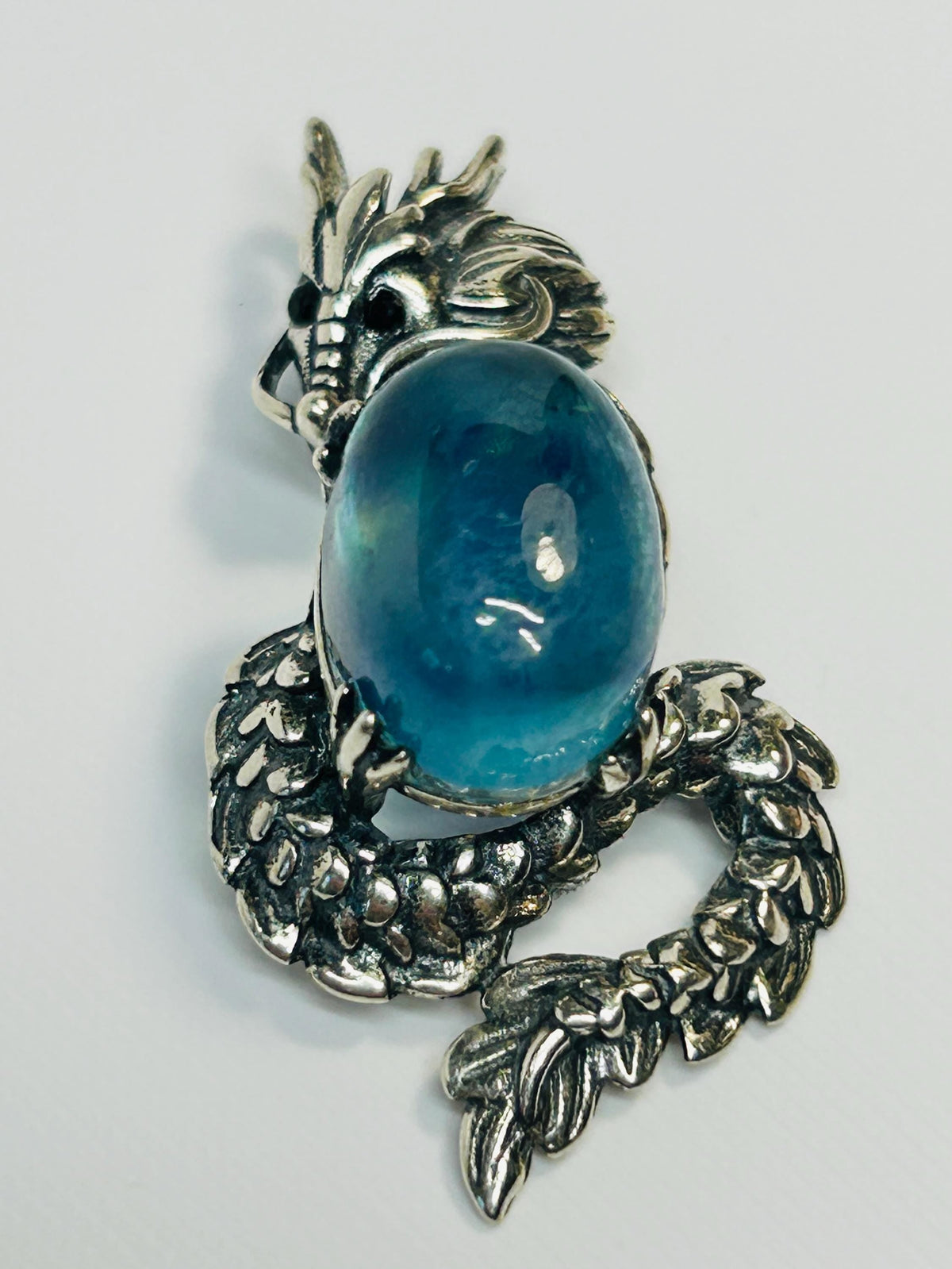 Dragon Pendant with Aquamarine in 925 Sterling Silver - Aged Dark Fantasy Mythical Creature Amulet Celtic Dragon Jewellery