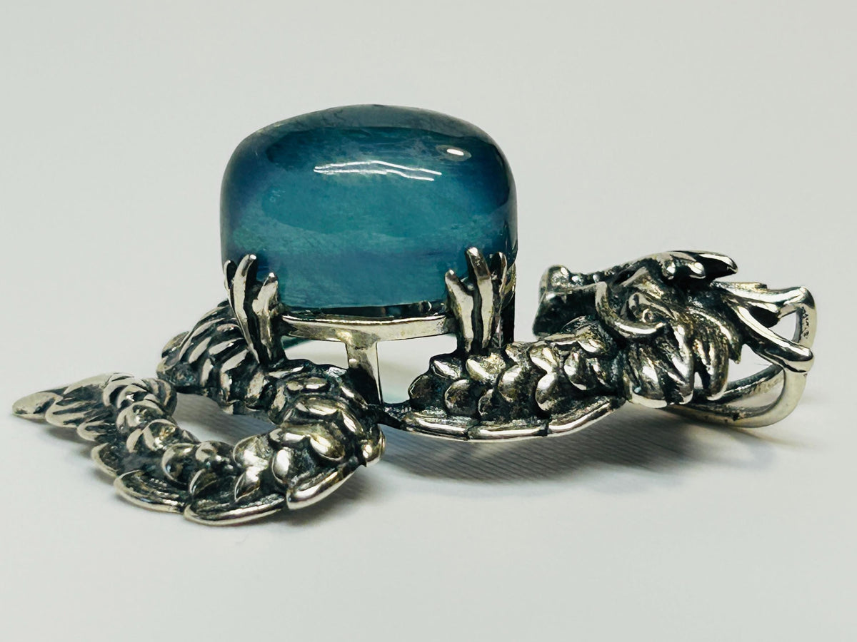 Dragon Pendant with Aquamarine in 925 Sterling Silver - Aged Dark Fantasy Mythical Creature Amulet Celtic Dragon Jewellery