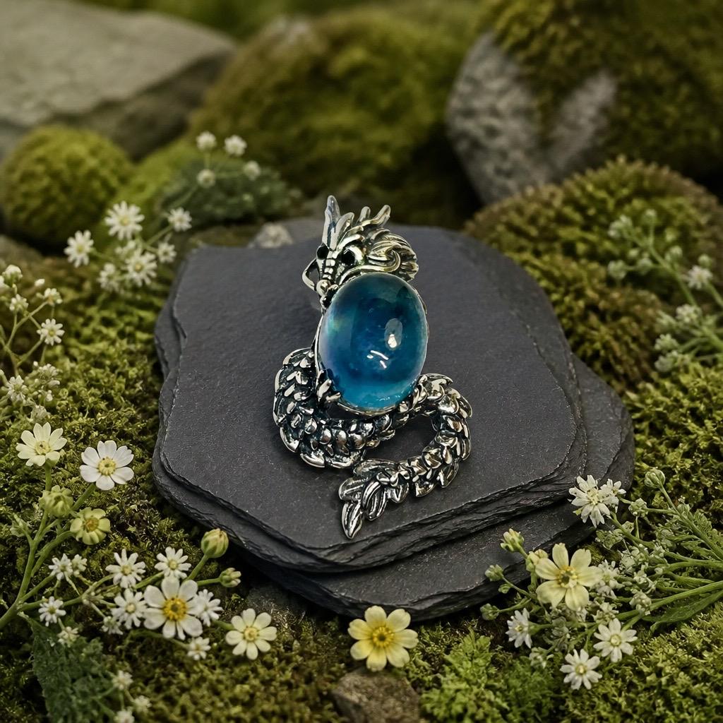Dragon Pendant with Aquamarine in 925 Sterling Silver - Aged Dark Fantasy Mythical Creature Amulet Celtic Dragon Jewellery