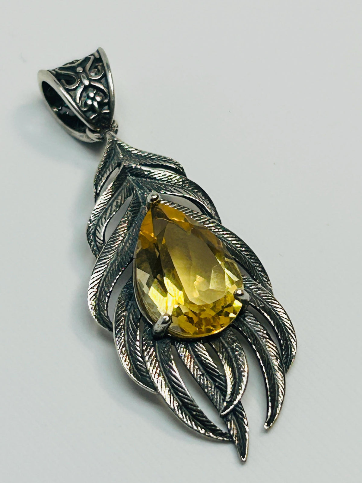 Feather Pendant with Citrine Teardrop in 925 Sterling Silver Celtic Dragon Jewellery