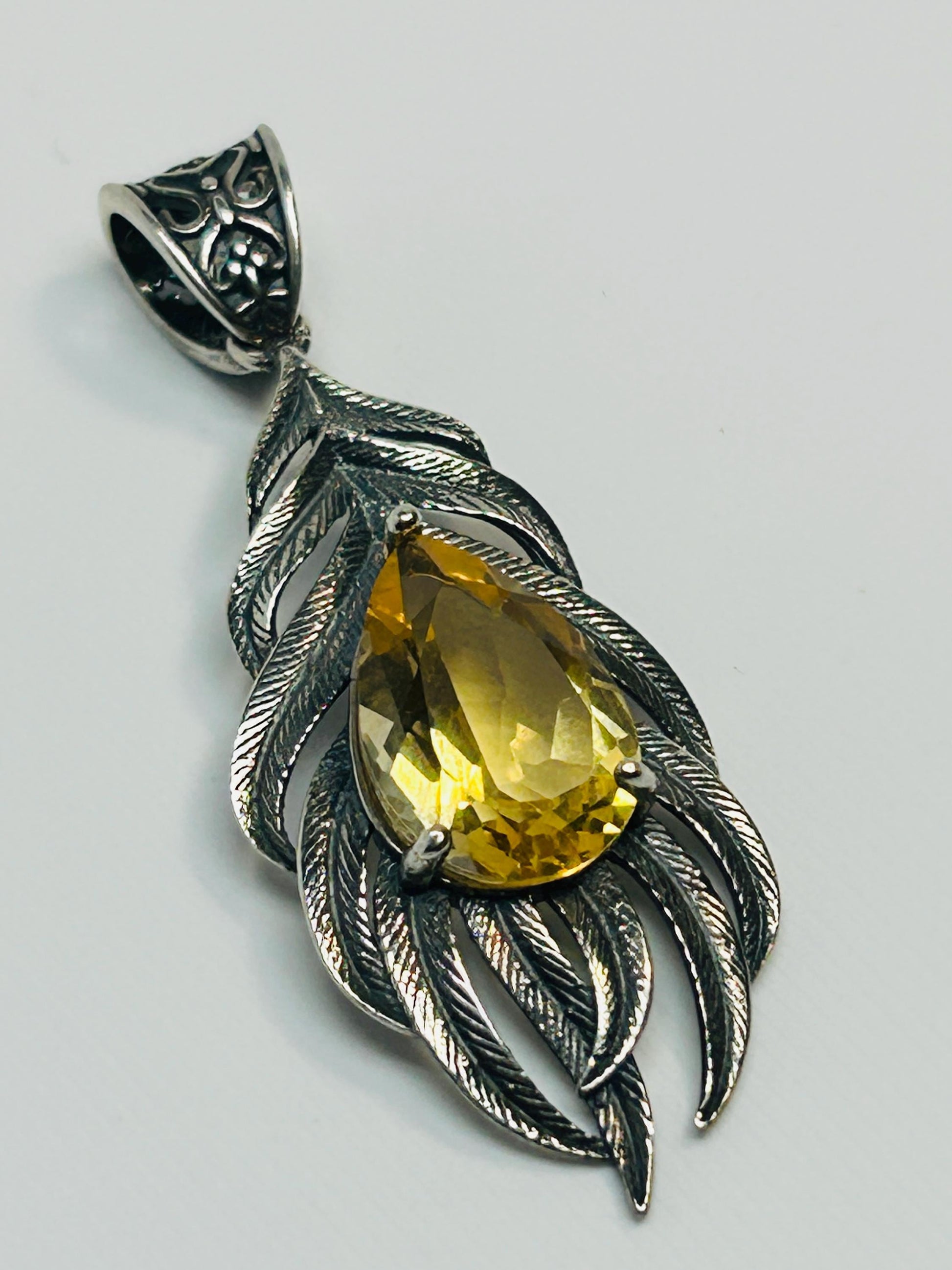 Feather Pendant with Citrine Teardrop in 925 Sterling Silver Celtic Dragon Jewellery