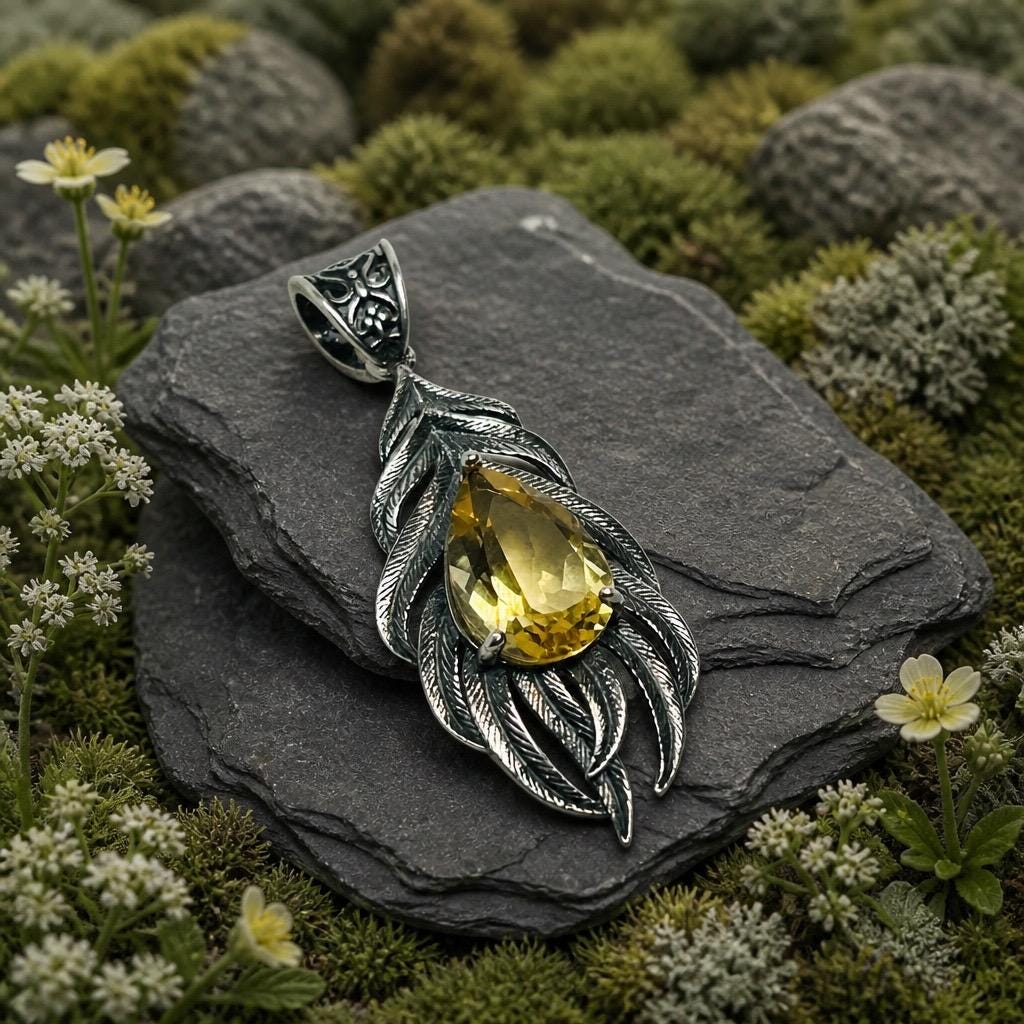 Feather Pendant with Citrine Teardrop in 925 Sterling Silver Celtic Dragon Jewellery