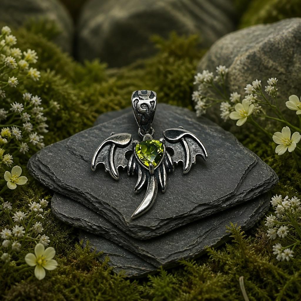 Bat Pendant with Peridot in 925 Sterling Silver - Gothic Fantasy Jewellery Celtic Dragon Jewellery