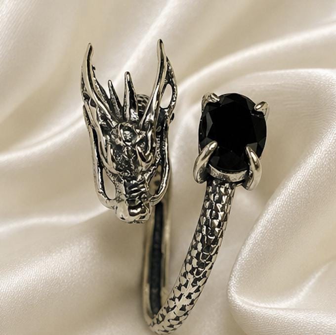 Dragon Ring with Spinel in 925 Sterling Silver - Adjustable Gothic Jewellery Celtic Dragon Jewellery