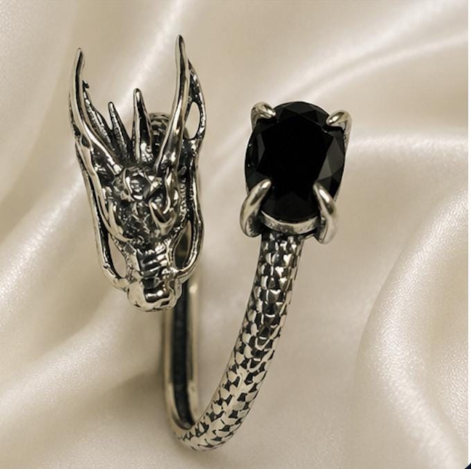 Dragon Ring with Spinel in 925 Sterling Silver - Adjustable Gothic Jewellery Celtic Dragon Jewellery