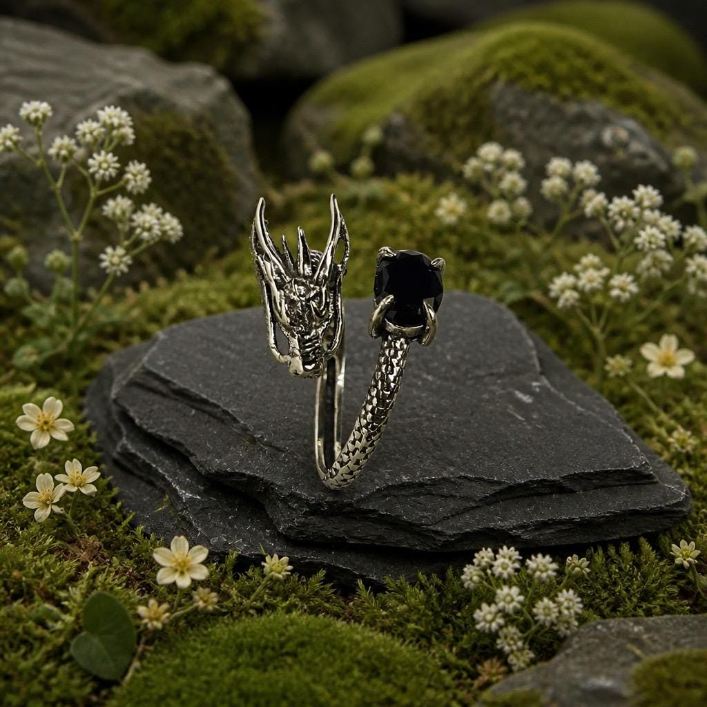 Dragon Ring with Spinel in 925 Sterling Silver - Adjustable Gothic Jewellery Celtic Dragon Jewellery