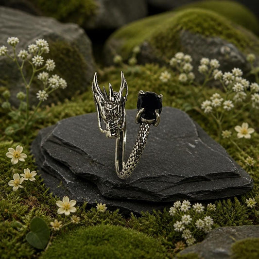 Dragon Ring with Spinel in 925 Sterling Silver - Adjustable Gothic Jewellery Celtic Dragon Jewellery